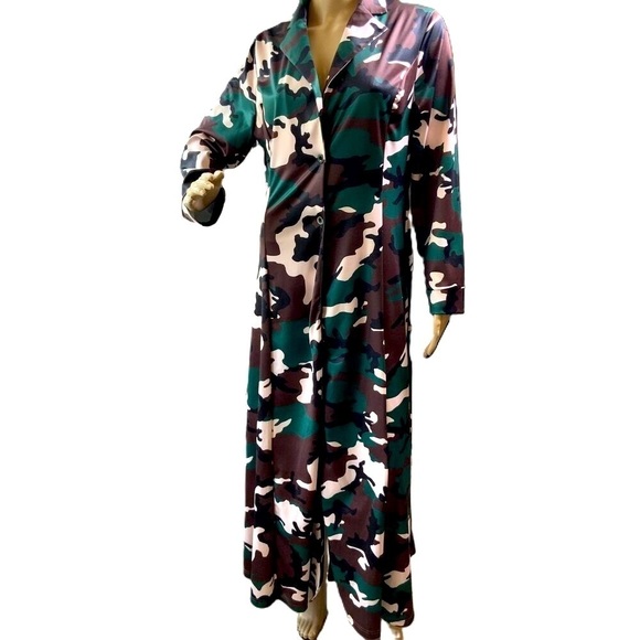 LIV D Camo Brown Pink Long Sleeve Button Up Collared Maxi Coat Dress Size Large - Picture 1 of 15